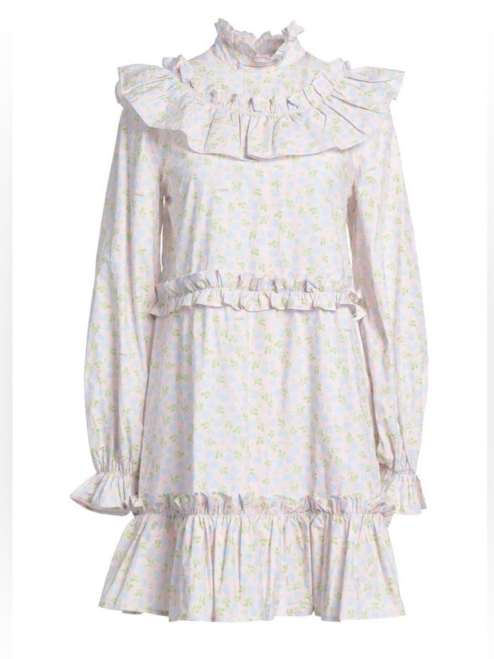 Ganni Ruffle Floral-Print Mini Dress 100% Cotton size 42  US L NWT